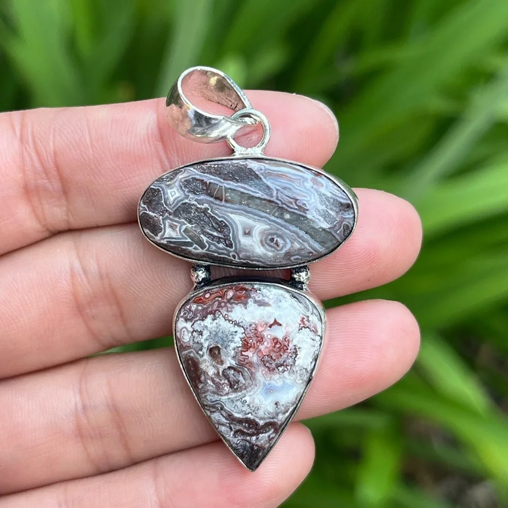 925 silver plated‎ crazy lace agate pendant